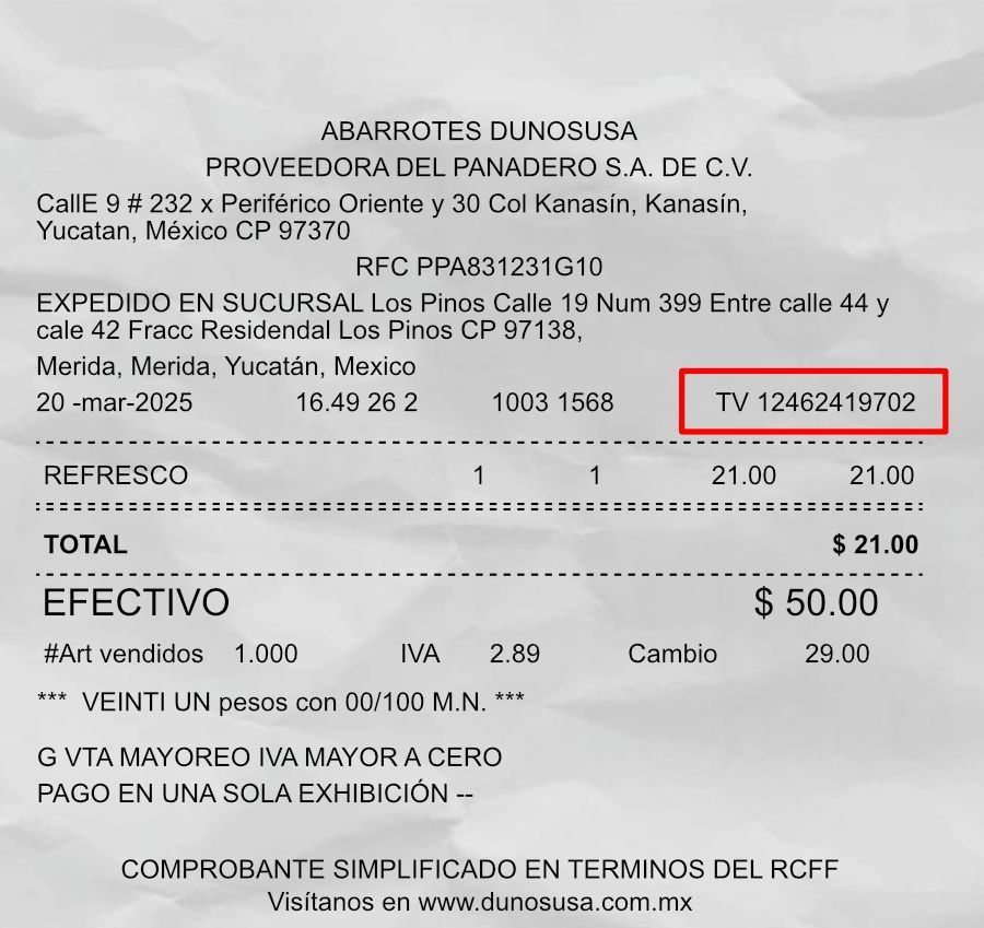 Ticket de venta de ejemplo